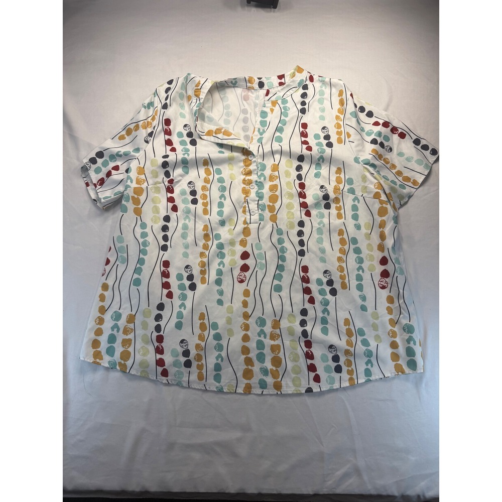 SHEIN Curve Womens 4XL Abstract Dot Print Henley Blouse Short Sleeve White Multi